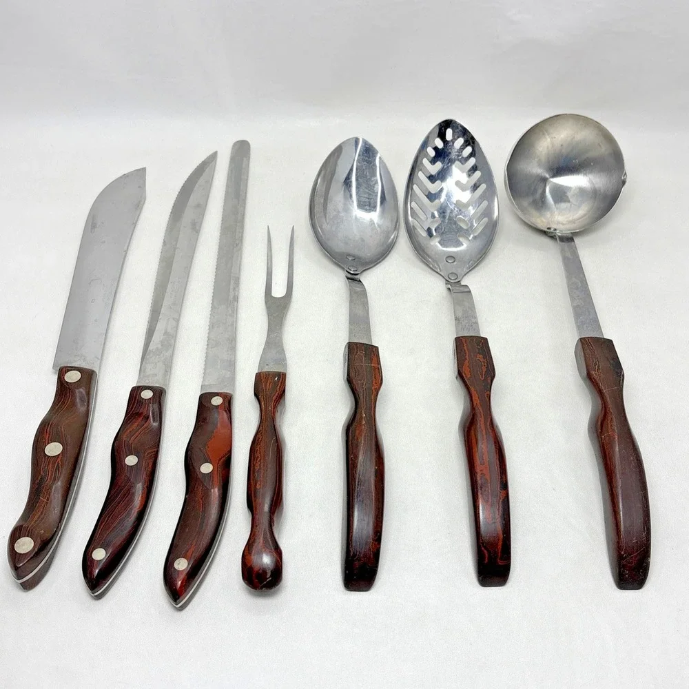 Cutco Knives 1022 1023 1024 Fork Spoons Ladle Lot of 7 Brown Handle